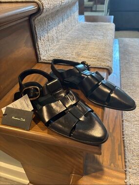 Massimo Dutti Black Leather Woven Slingback Sandals size 6